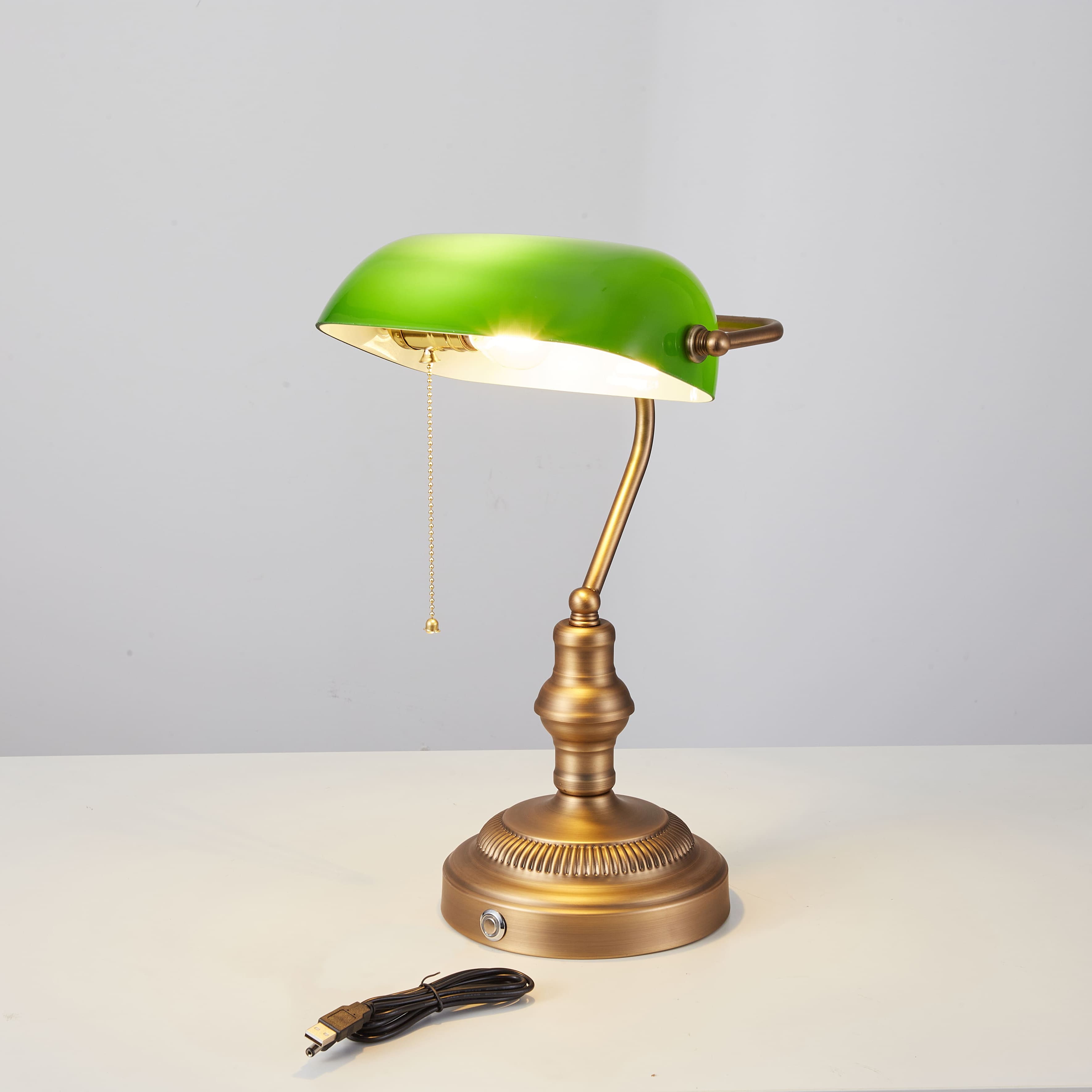 bankers light green glass cordless-desk lamp brown bronze front image5