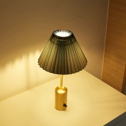 battery operated brass bedside lamp green pleated lampshade