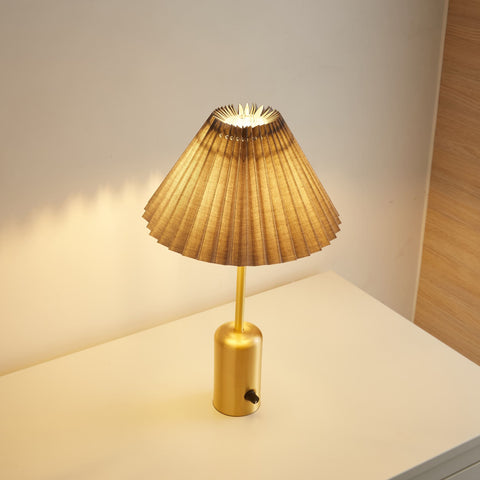 battery operated brass bedside lamp grey pleated lampshade