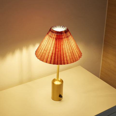battery-operated-brass-bedside lamp red pleated lampshade