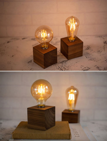 Kabellose Tischlampe aus Holz mit Edison-Glühbirne