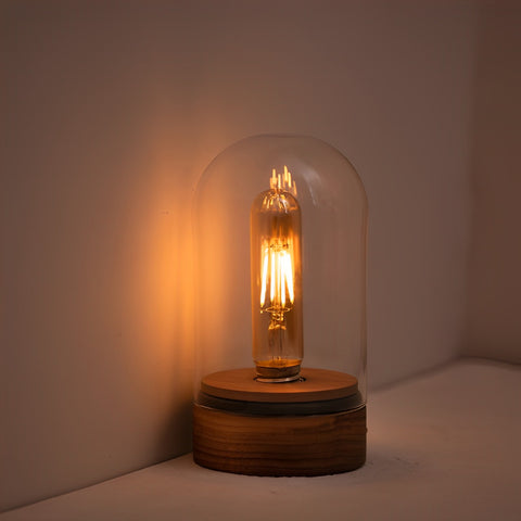 Lampe de table en bois sans fil avec ampoule Edison et variateur à bouton