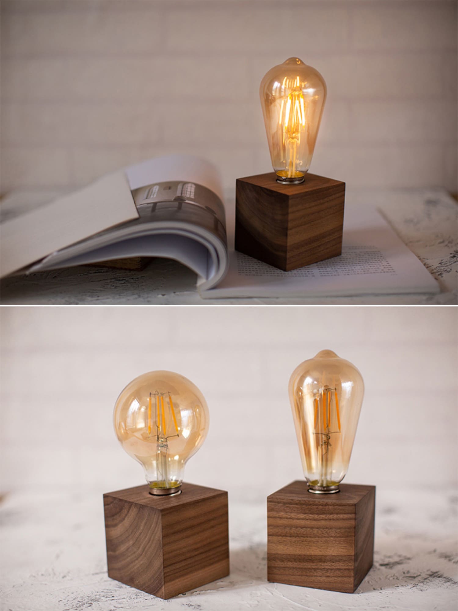 Kabellose Tischlampe aus Holz mit Edison-Glühbirne