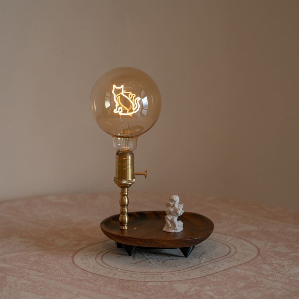 Rechargeable Table Lamp with Walnut Jewelry Dish - Dog, Cat Bulb Night Light