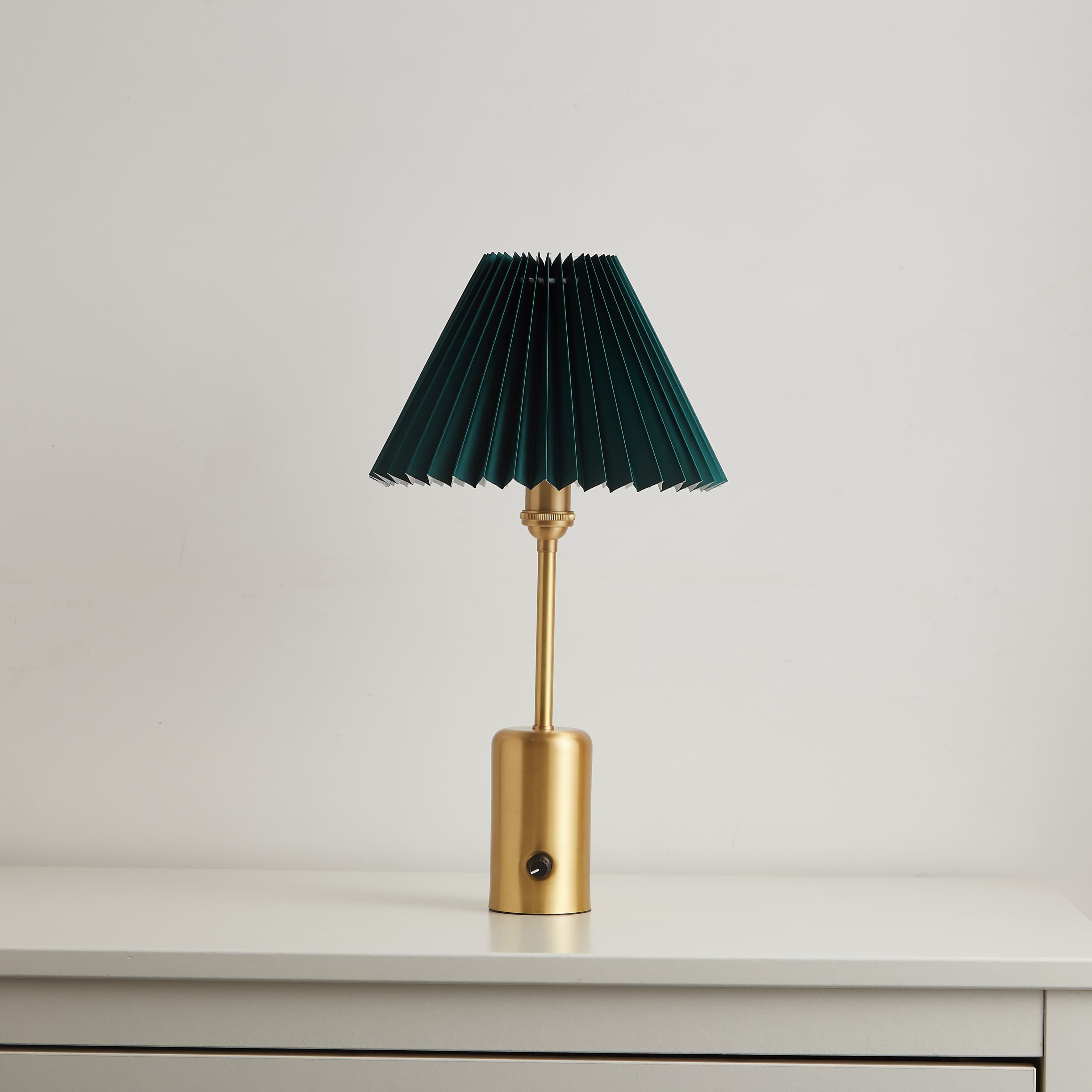 cordless small brass table lamp green pleated lampshade