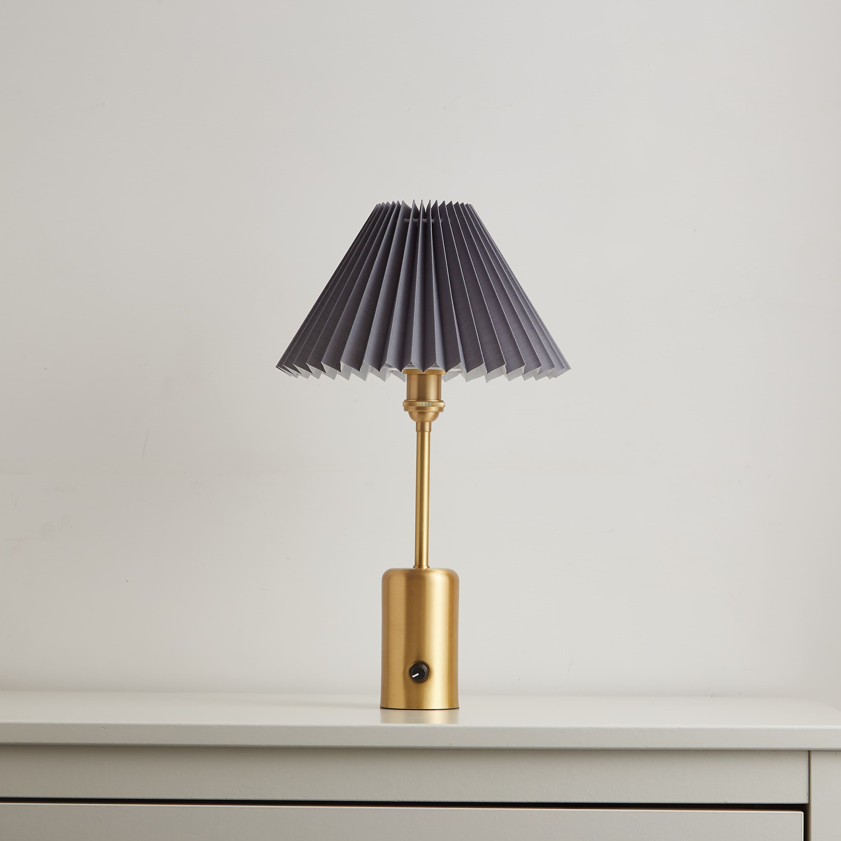 cordless small brass table lamp grey pleated lampshade