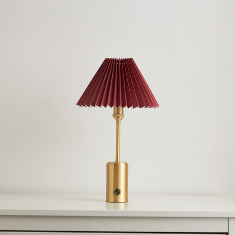 cordless small brass table lamp red pleated lampshade