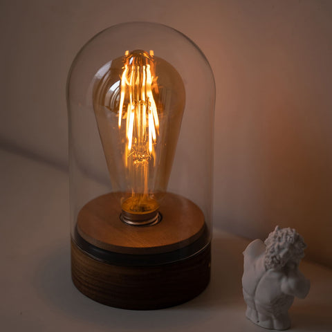 Kabellose Tischlampe aus Holz mit Edison-Glühbirne und Knopfdimmer