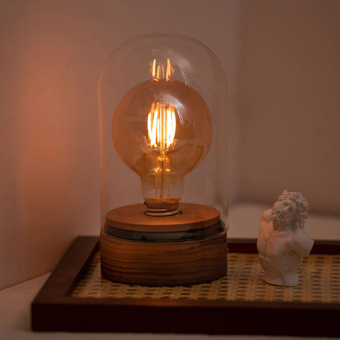 Lampe de table en bois sans fil avec ampoule Edison et variateur à bouton