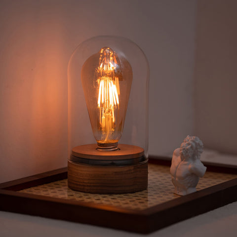 Lampe de table en bois sans fil avec ampoule Edison et variateur à bouton