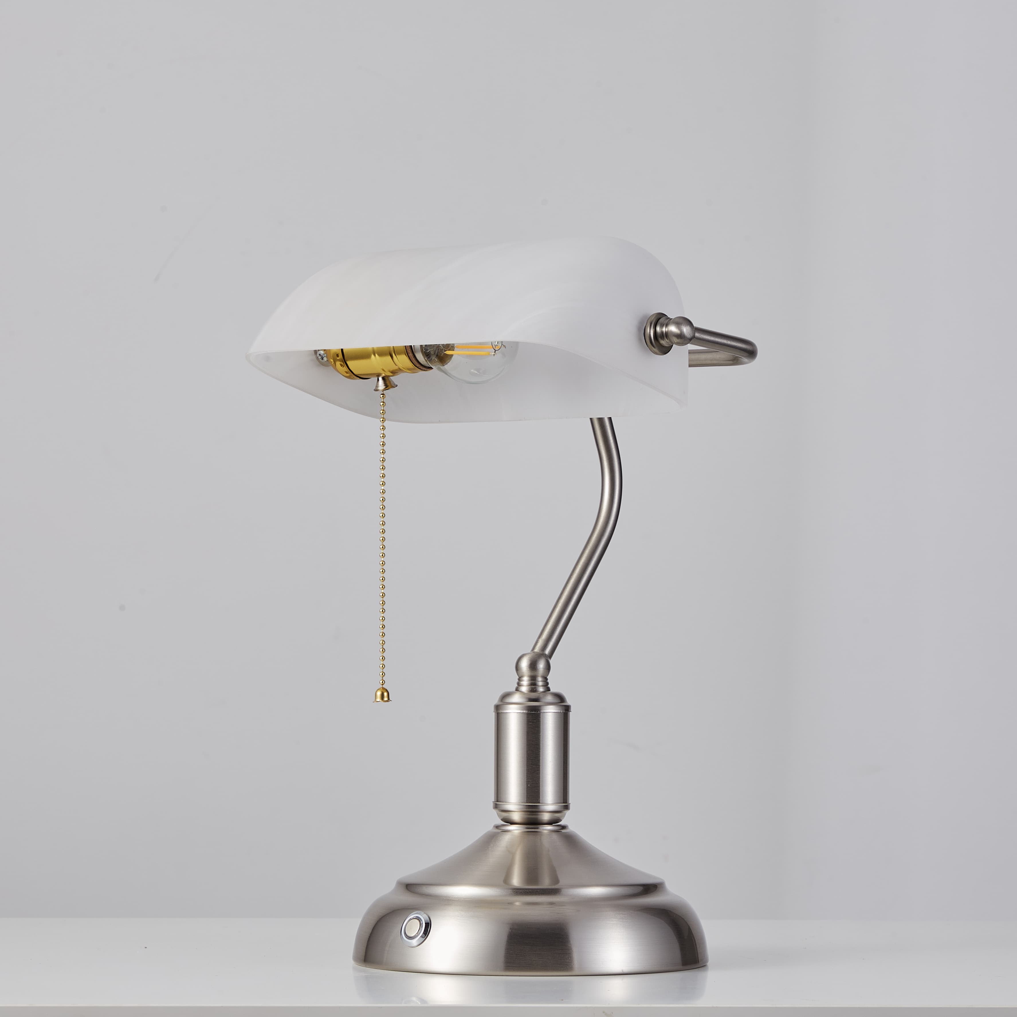 Lampe de banquier rechargeable avec abat-jour en verre blanc - Nickel brossé