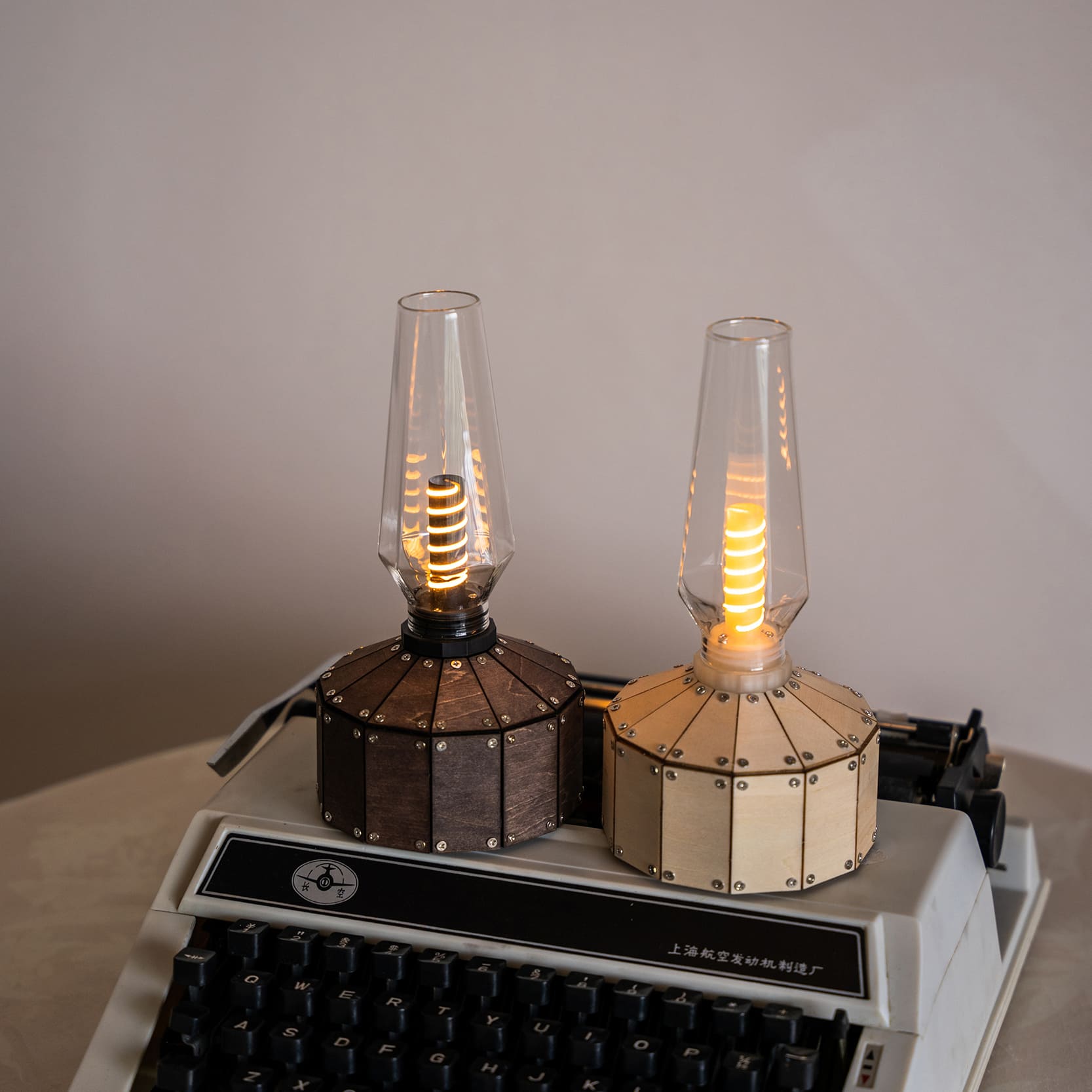 wooden tabletop battery operated lamp